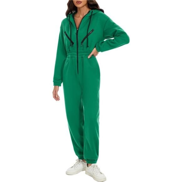 Women's Fleece Jumpsuits Long Sleeve Zip Up Hoodie Romper One Piece with Pockets - Picture 1 of 6